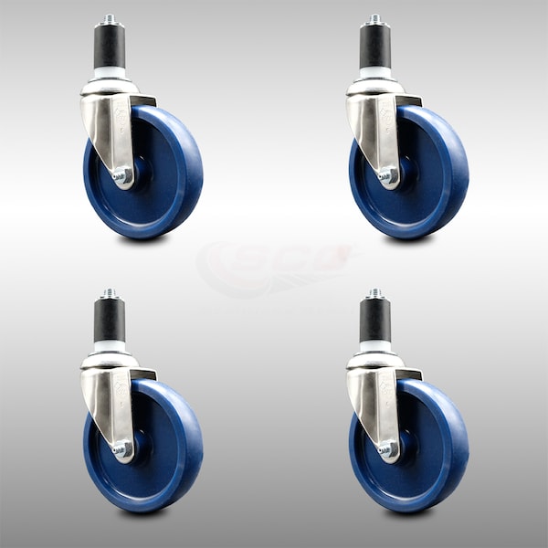 5 Inch 316SS Solid Polyurethane Swivel 1-1/2 Inch Expanding Stem Caster Set SCC
